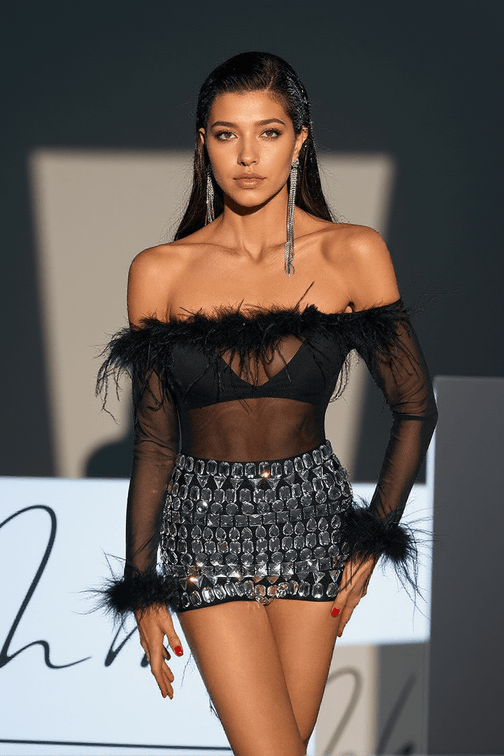 Eamon Off Shoulder Feather Mesh Bodysuit