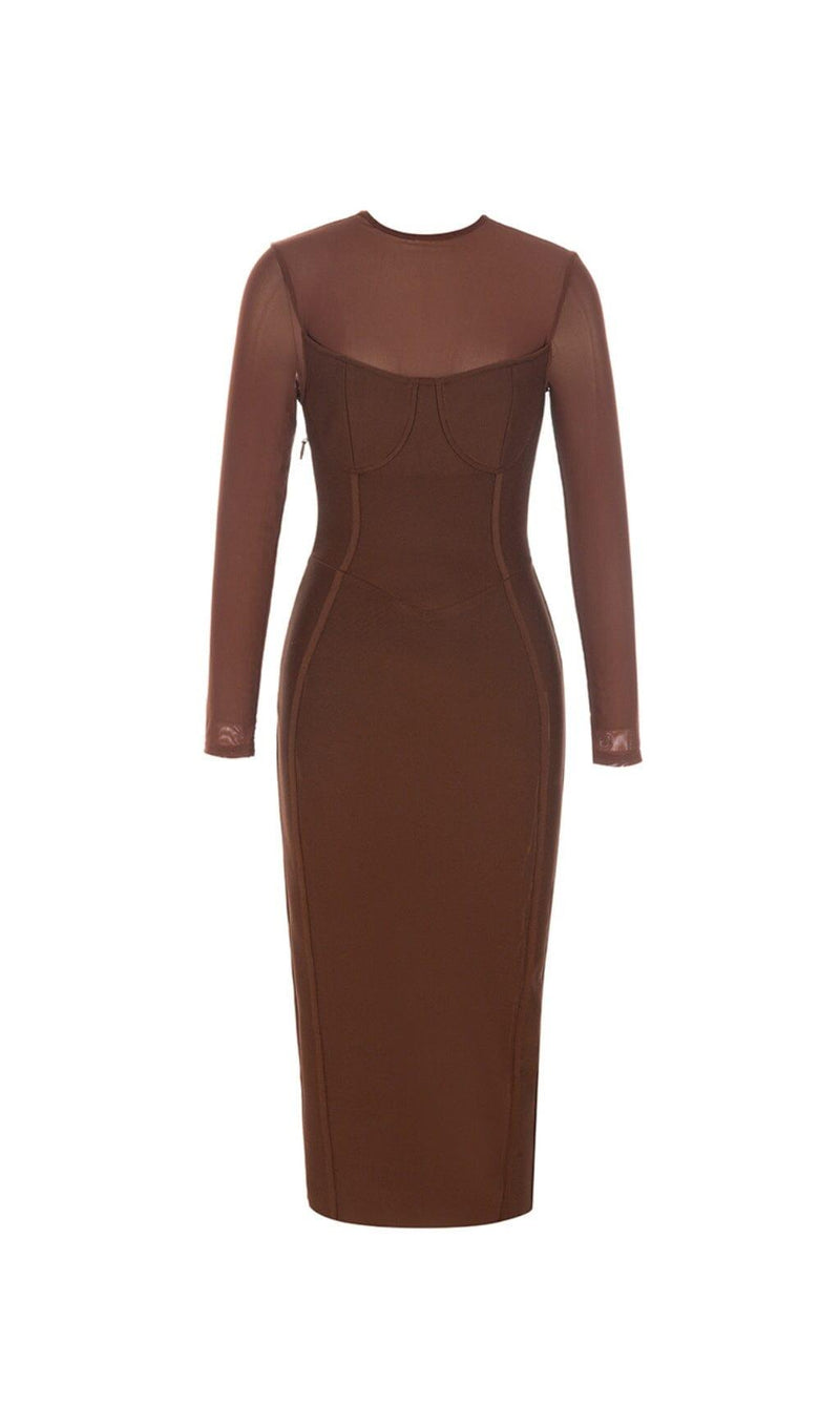 BROWN MESH STITCHED SEXY SKINNY MIDI DRESS