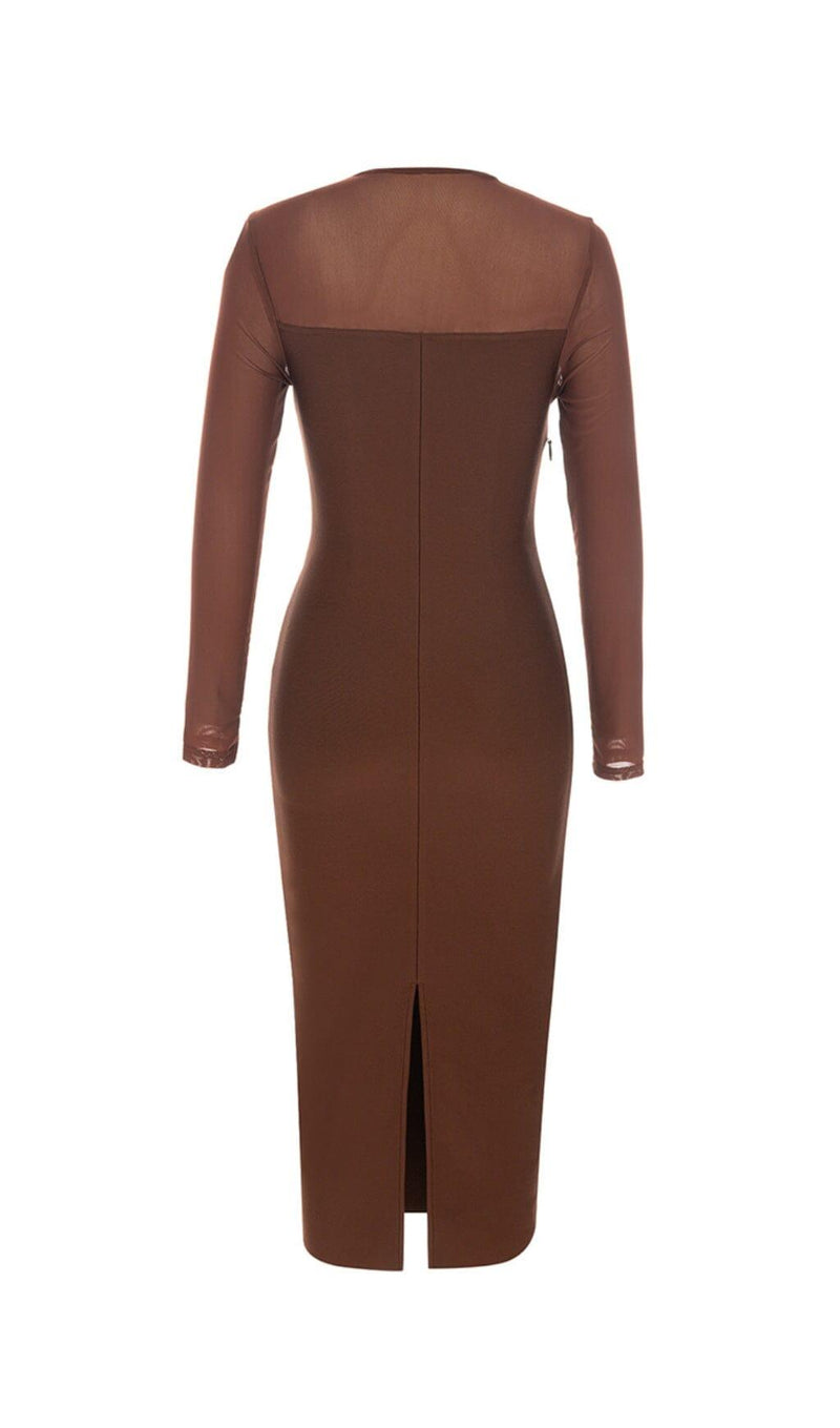 BROWN MESH STITCHED SEXY SKINNY MIDI DRESS