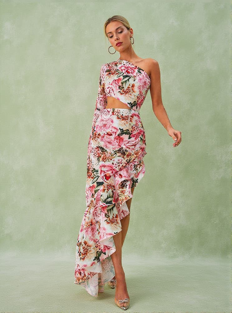 Aiyana One Shoulder Floral Maxi Dress In Pink