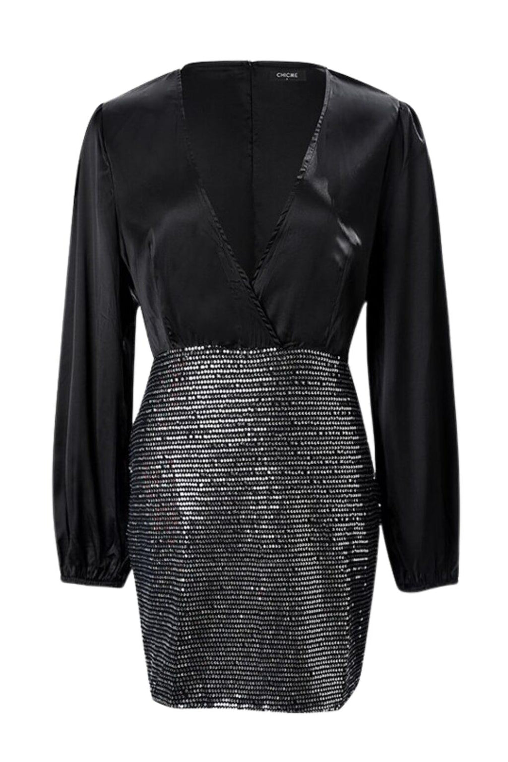 MIXED SEQUIN PATCHWORK BACKLESS BACKPACK HIP MINI DRESS IN BLACK