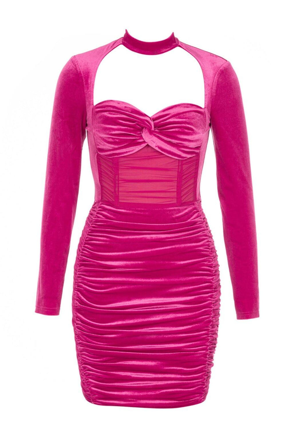 HANGING NECK MESH STITCHED VELVET MINI DRESS IN BARBIE PINK