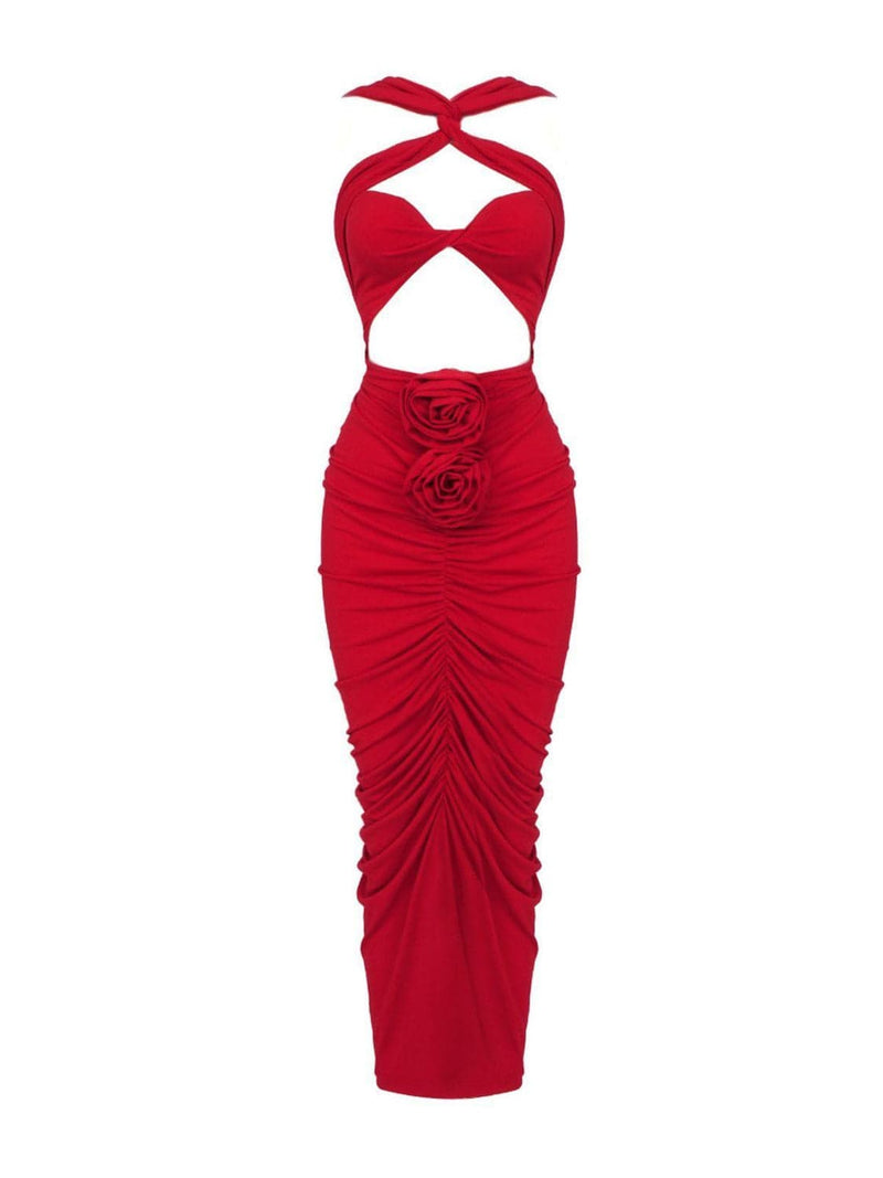 Pomeline Rose Bodycon Maxi Dress In Red