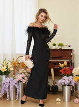 Hoku Off Shoulder Sequin Feather Maxi Dress