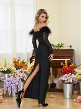 Hoku Off Shoulder Sequin Feather Maxi Dress