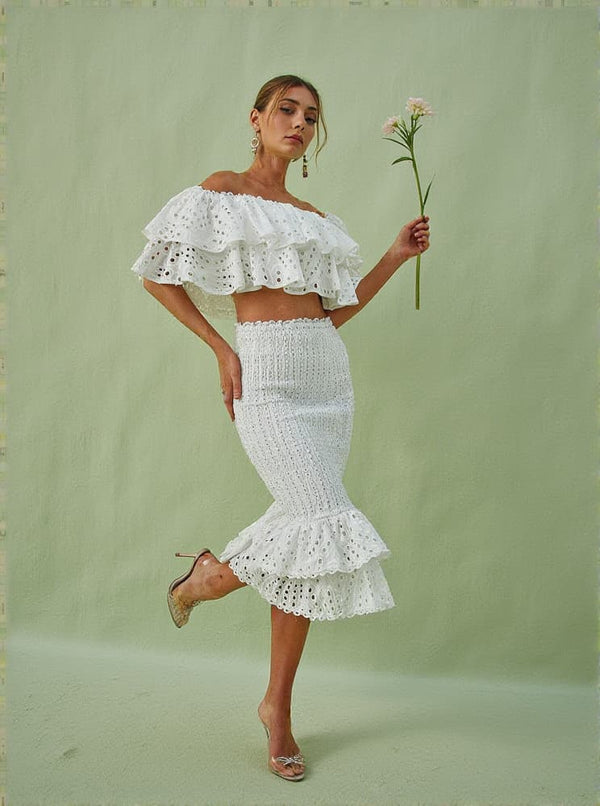 Wisteria Ruffle Off Shoulder Hollow Set In White