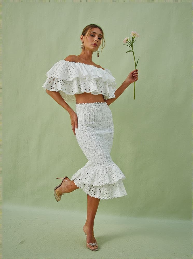 Wisteria Ruffle Off Shoulder Hollow Set In White