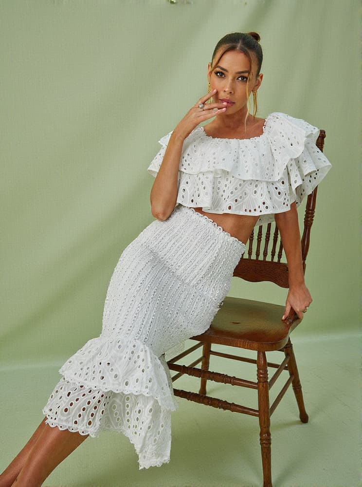 Wisteria Ruffle Off Shoulder Hollow Set In White