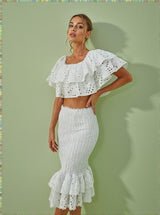 Wisteria Ruffle Off Shoulder Hollow Set In White