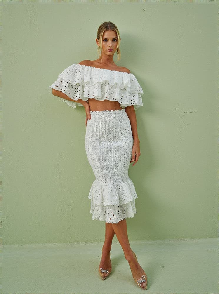 Wisteria Ruffle Off Shoulder Hollow Set In White