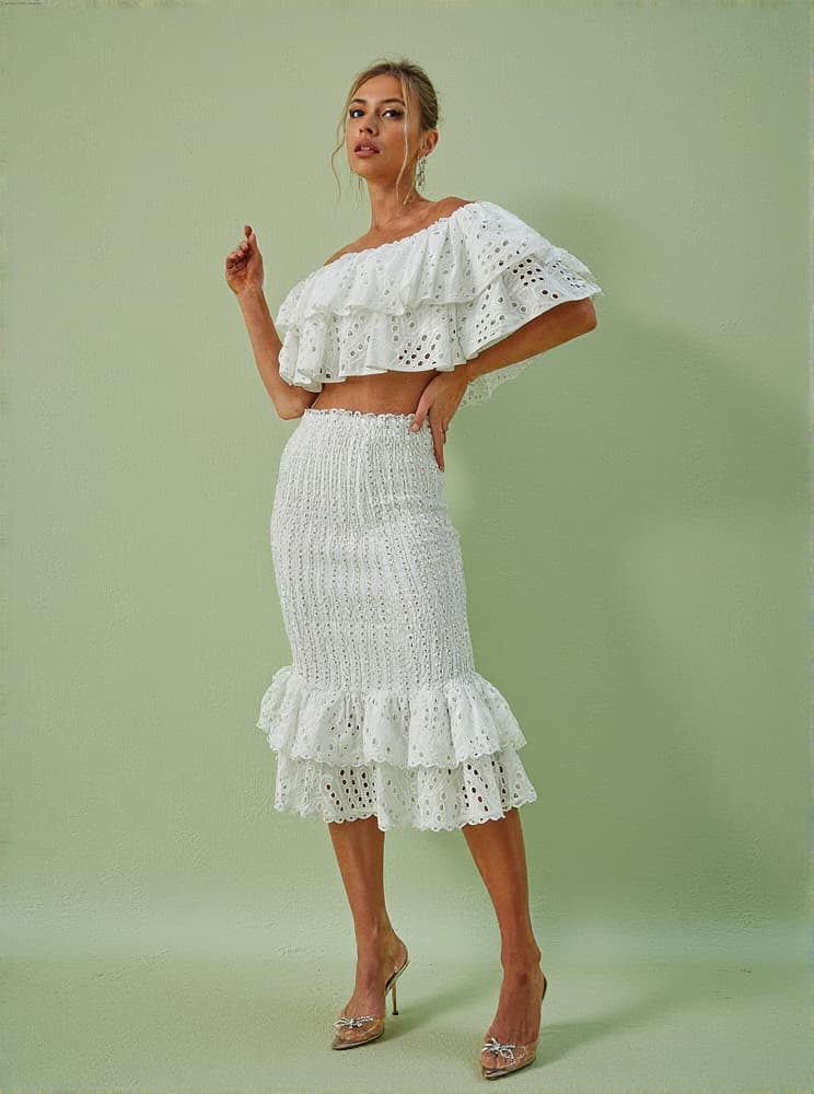 Wisteria Ruffle Off Shoulder Hollow Set In White