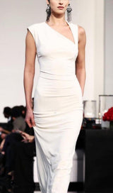  CROSS-SHOULDER OPEN-BACK MOP DRESS IN WHITE