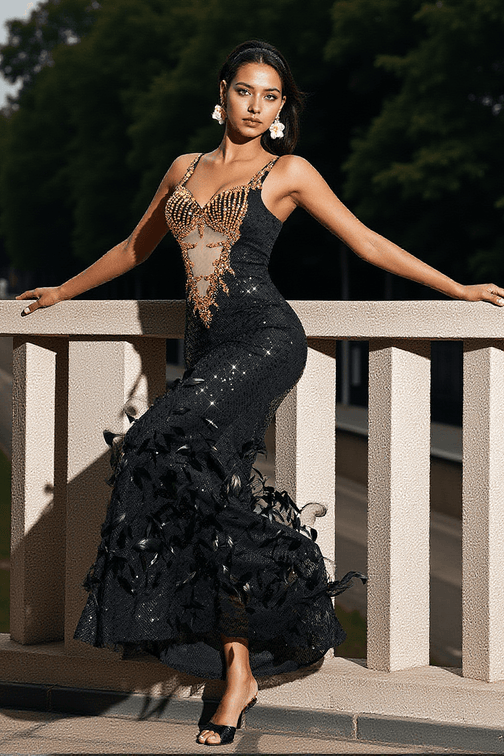 Zane Cutout Rhinestone Feather Sequin Dress