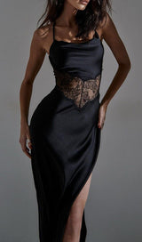 BLACK VELVET PATCHWORK LACE HALTER MAXI DRESS