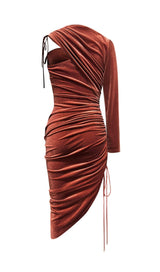 BROWN VELVET DRAWSTRING HIP WRAP MIDI DRESS