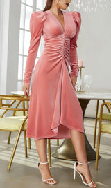 PINK LEG SLEEVE V-NECK VELVET DRESS