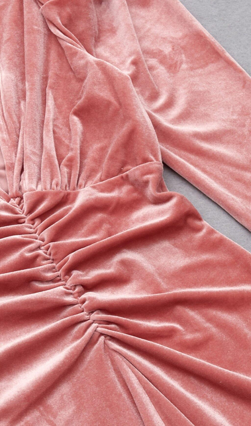 PINK LEG SLEEVE V-NECK VELVET DRESS