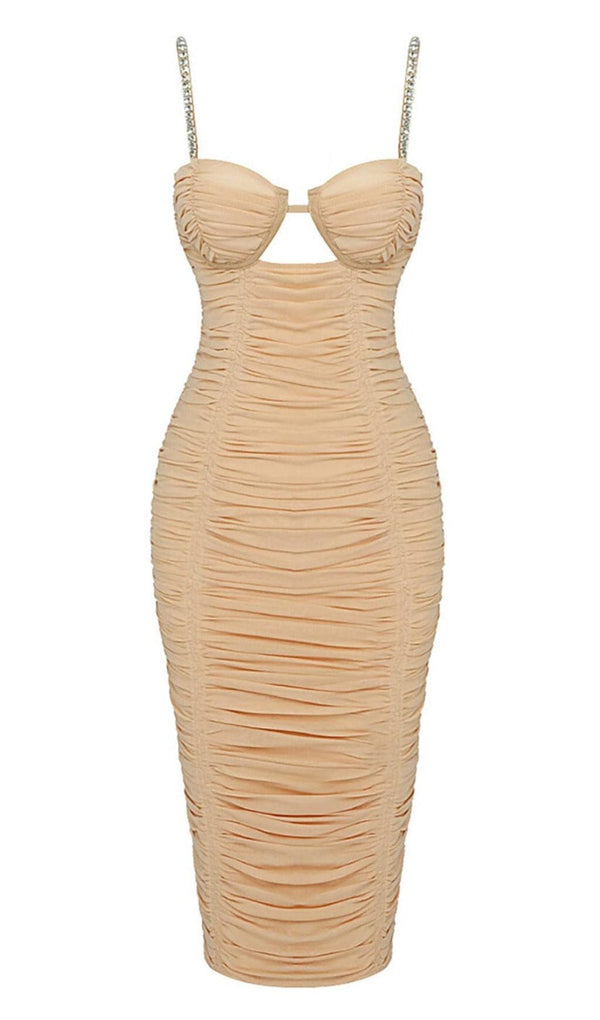 NUDE STRAPPY SEQUINS EMBELLISHED MESH MIDI DRESS