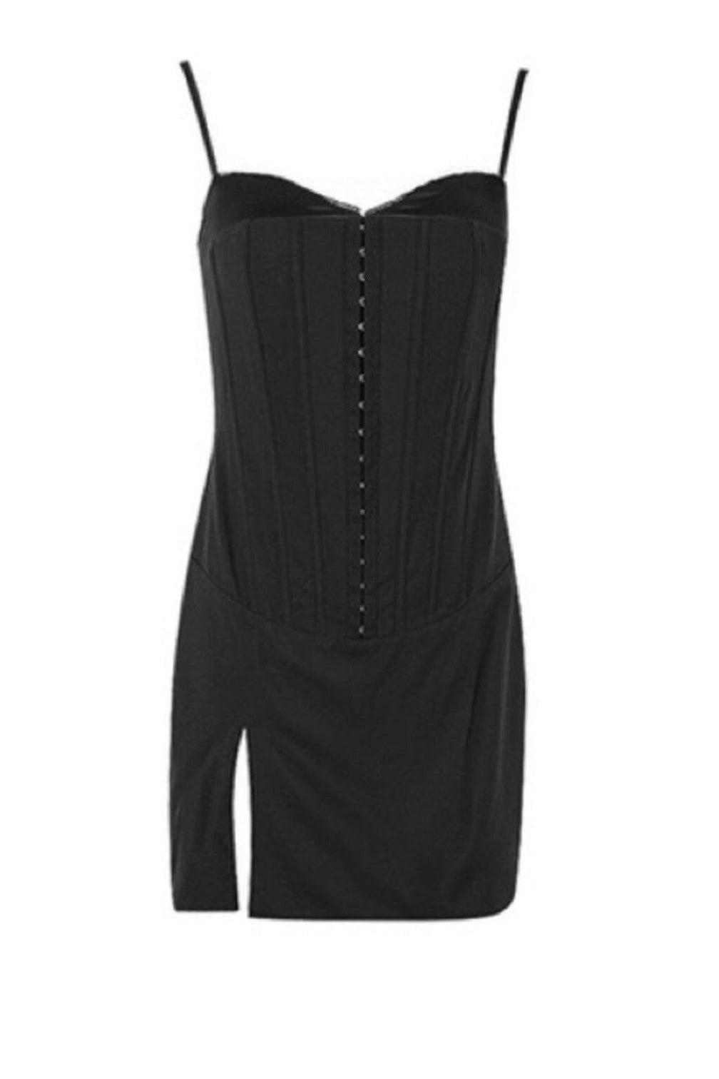FISHBONE SUSPENDER MINI DRESS IN BLACK