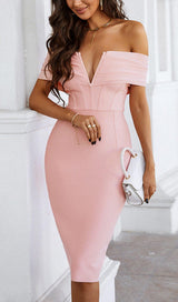 DEEP V SKINNY MIDI DRESS IN PINK