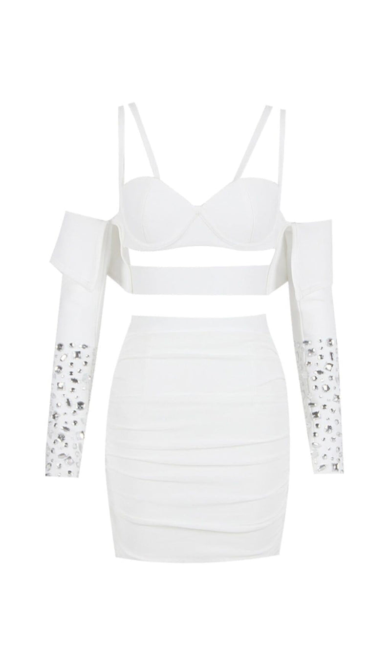 BANDAGE BRIGHT DIAMOND HOLLOW TWO PIECE HALTER WRAP DRESS IN WHITE