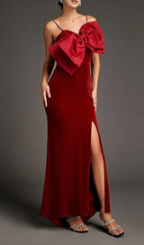 DARK RED FRONT BOW SIDE SLIT MERMAID MAXI DRESS