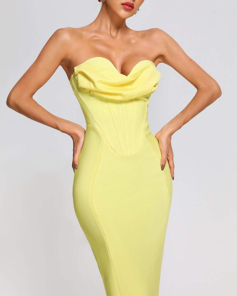 Yellow Strapless Bandage Midi Dress