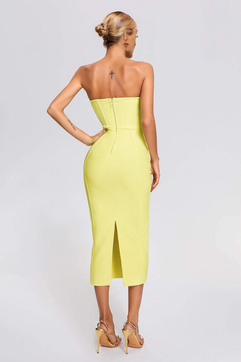 Yellow Strapless Bandage Midi Dress