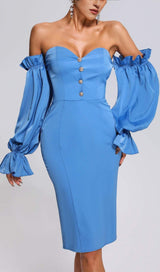 Blue Off Shoulder Satin Midi Dress