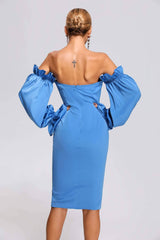 Blue Off Shoulder Satin Midi Dress