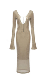 SEQUINED WITH LONG SLEEVES AND BACKLESS DRESS IN KHAKI