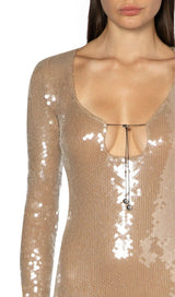 SEQUINED WITH LONG SLEEVES AND BACKLESS DRESS IN KHAKI