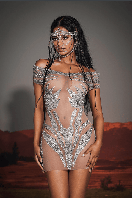 Toivo Off Shoulder Rhinestone Mesh Dress