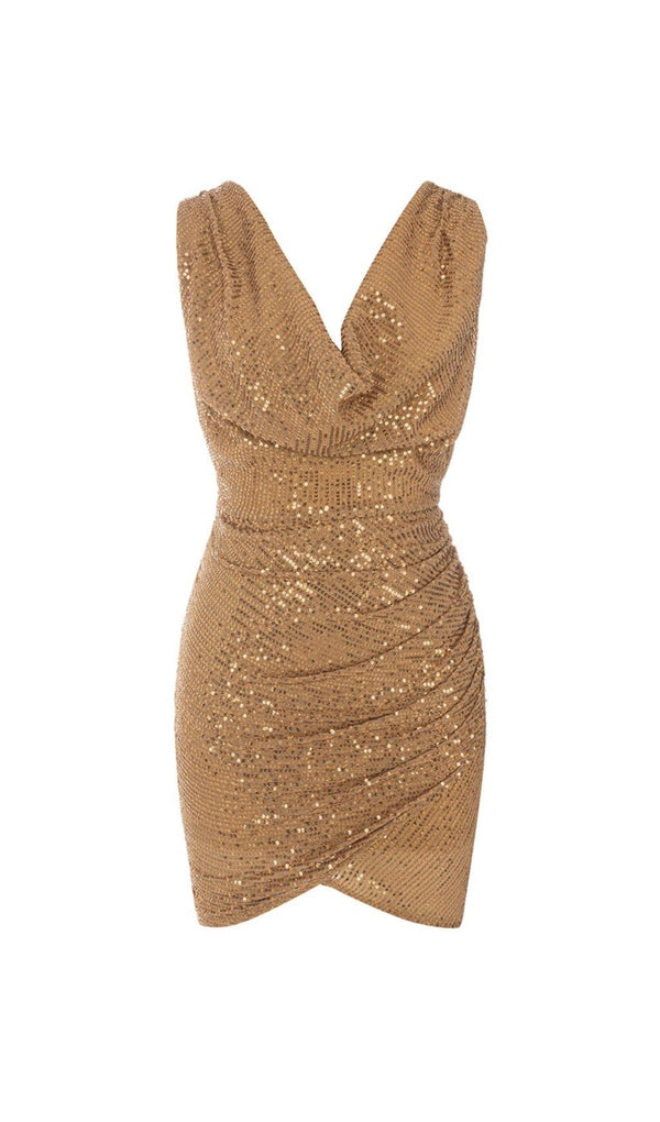 SEQUINED JERSEY WRAP-EFFECT MINI DRESS IN GOLD