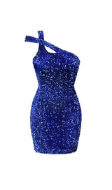 SEQUIN ONE SHOULDER MINI DRESS IN GALACTIC COBALT