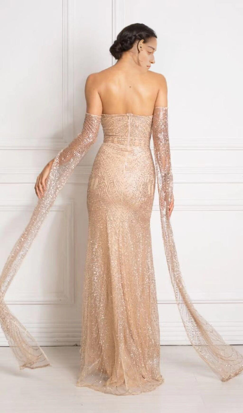 HIGH SPLIT GORGEOUS RHINESTONE DROP SLEEVE DRESS IN CHAMPAGNE