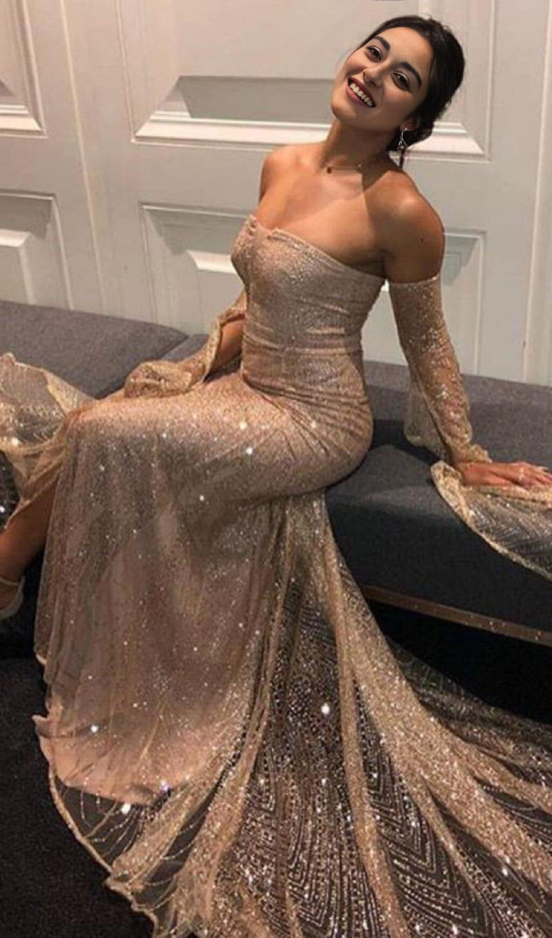 HIGH SPLIT GORGEOUS RHINESTONE DROP SLEEVE DRESS IN CHAMPAGNE