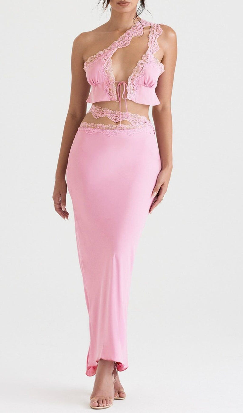 PINK LACE TRIM TWO PIECES SUIT