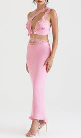 PINK LACE TRIM TWO PIECES SUIT