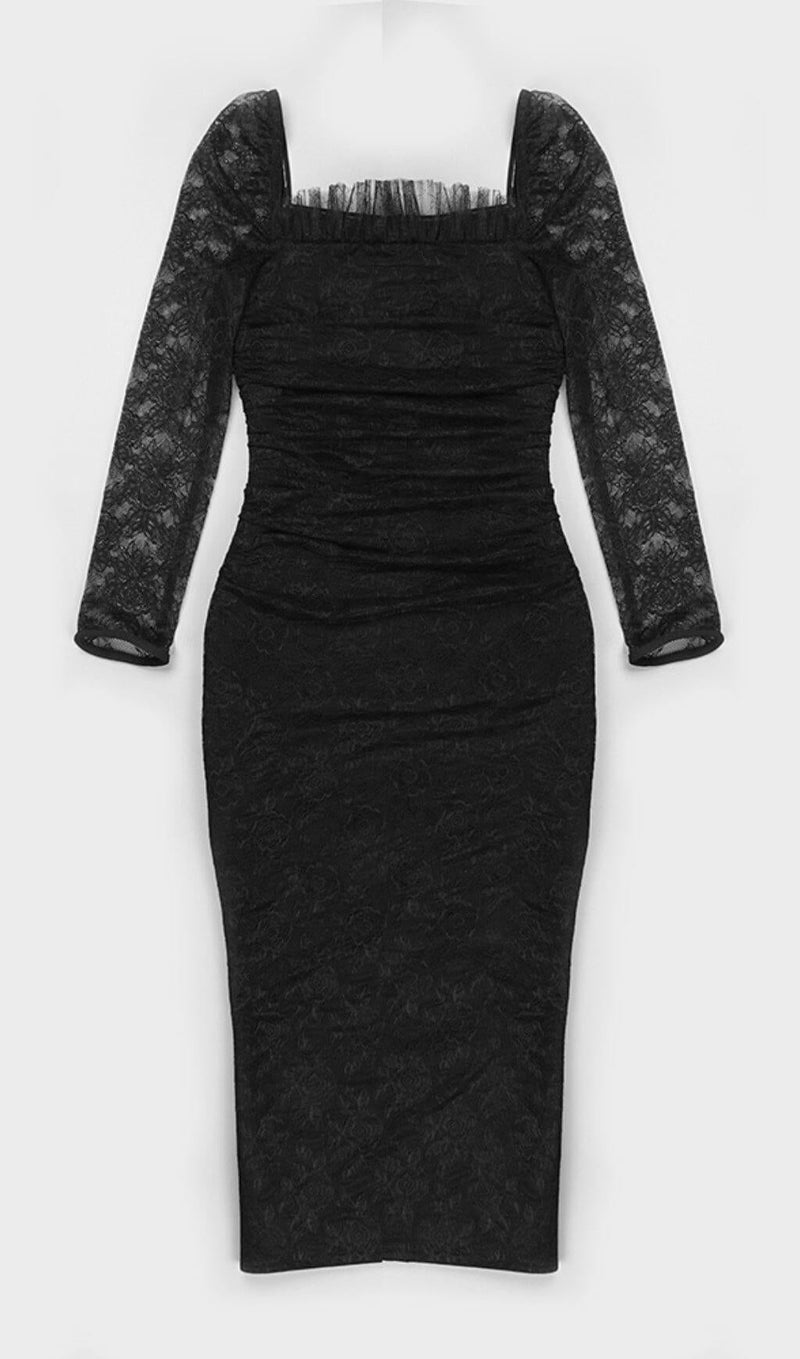 LACE LONG SLEEVE PLEATED DRESS IN BLACK