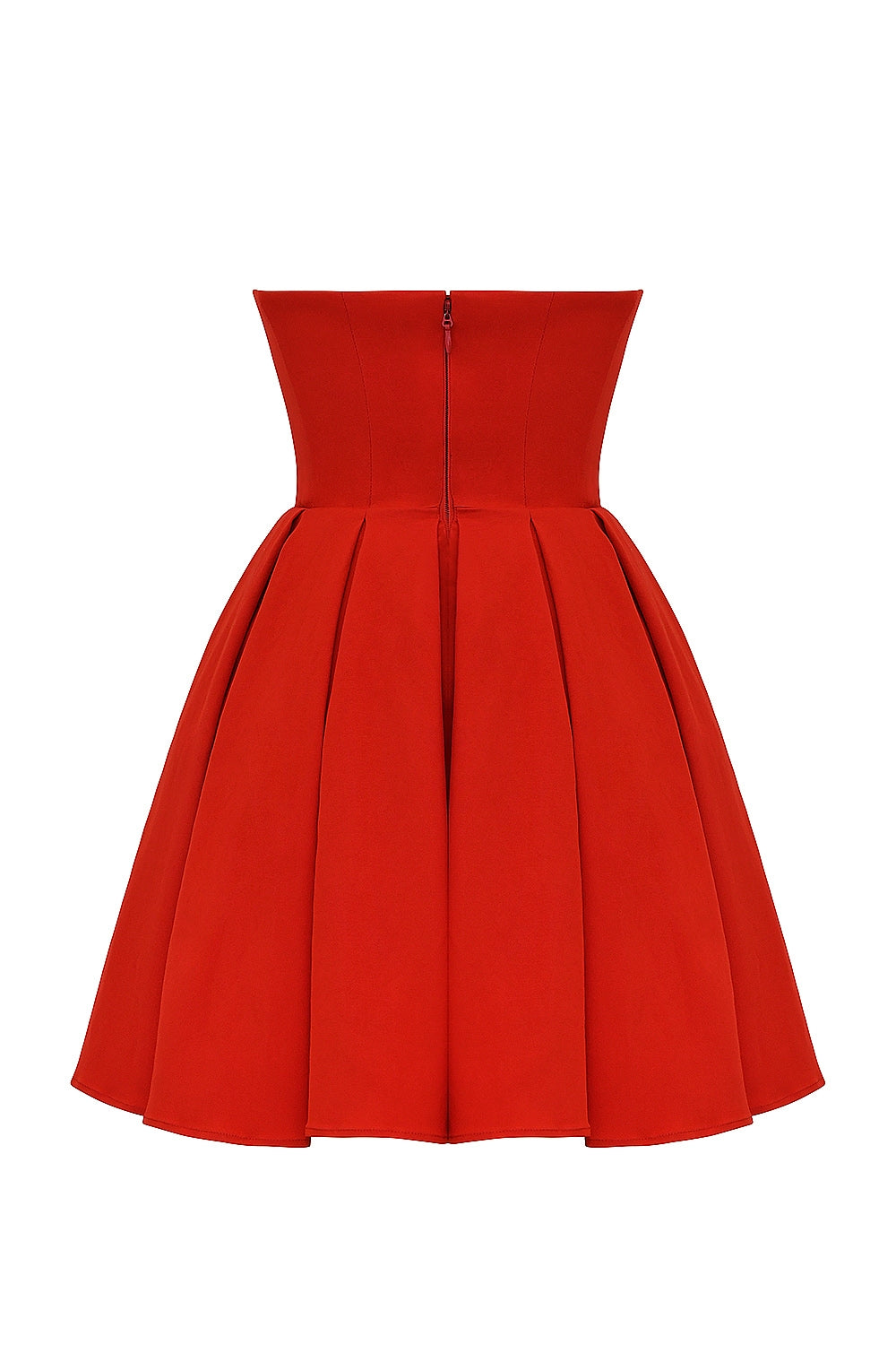 tomato red strapless pleated mini dress