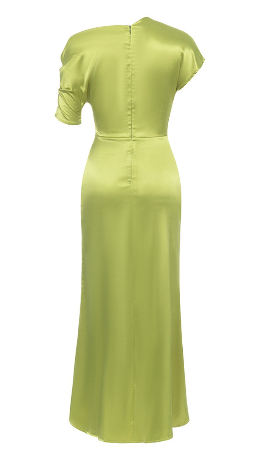 Satin One - Shoulder Midi Dress in Lime Green