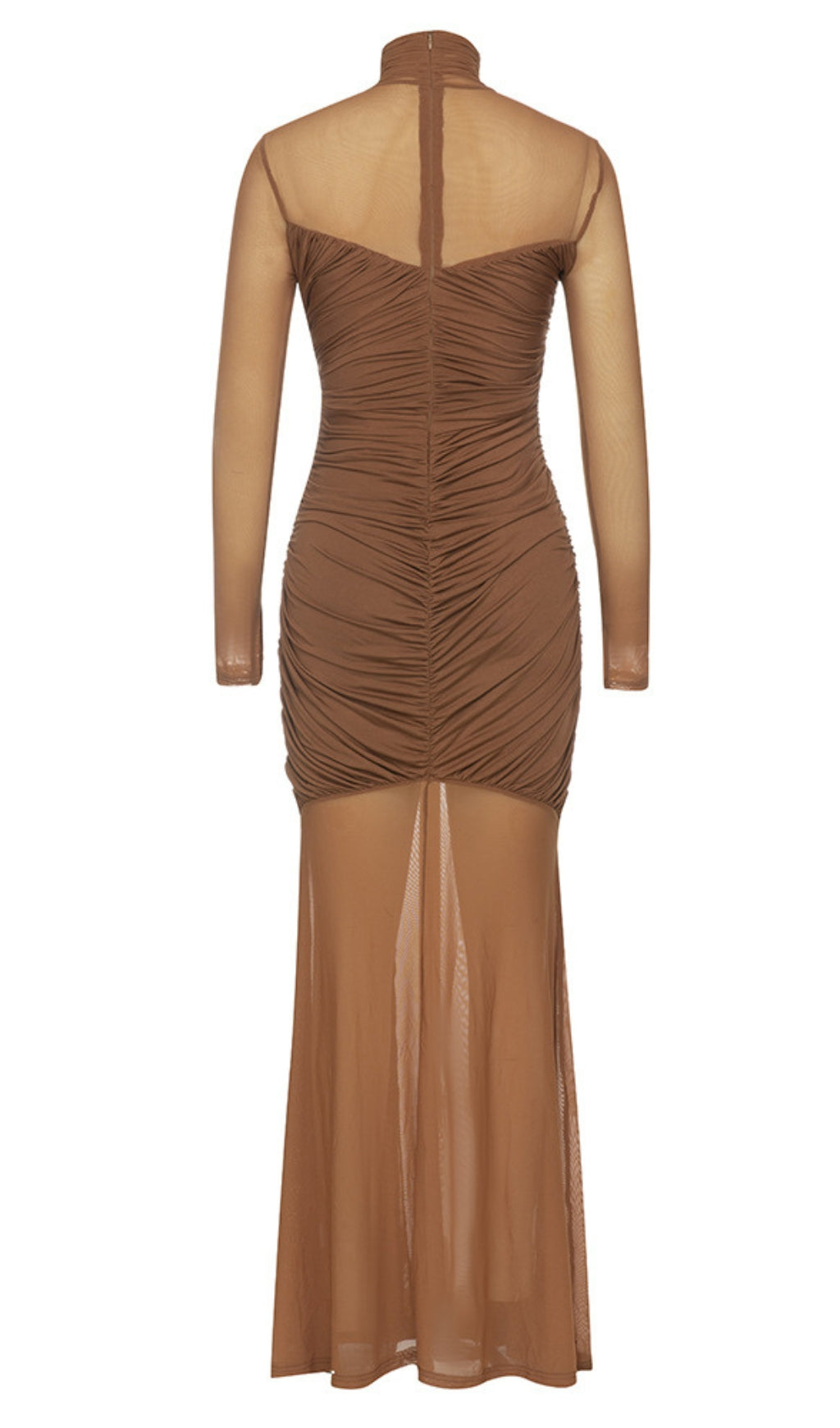 Mesh - Sleeve Ruched High - Neck Maxi Dress in Brown