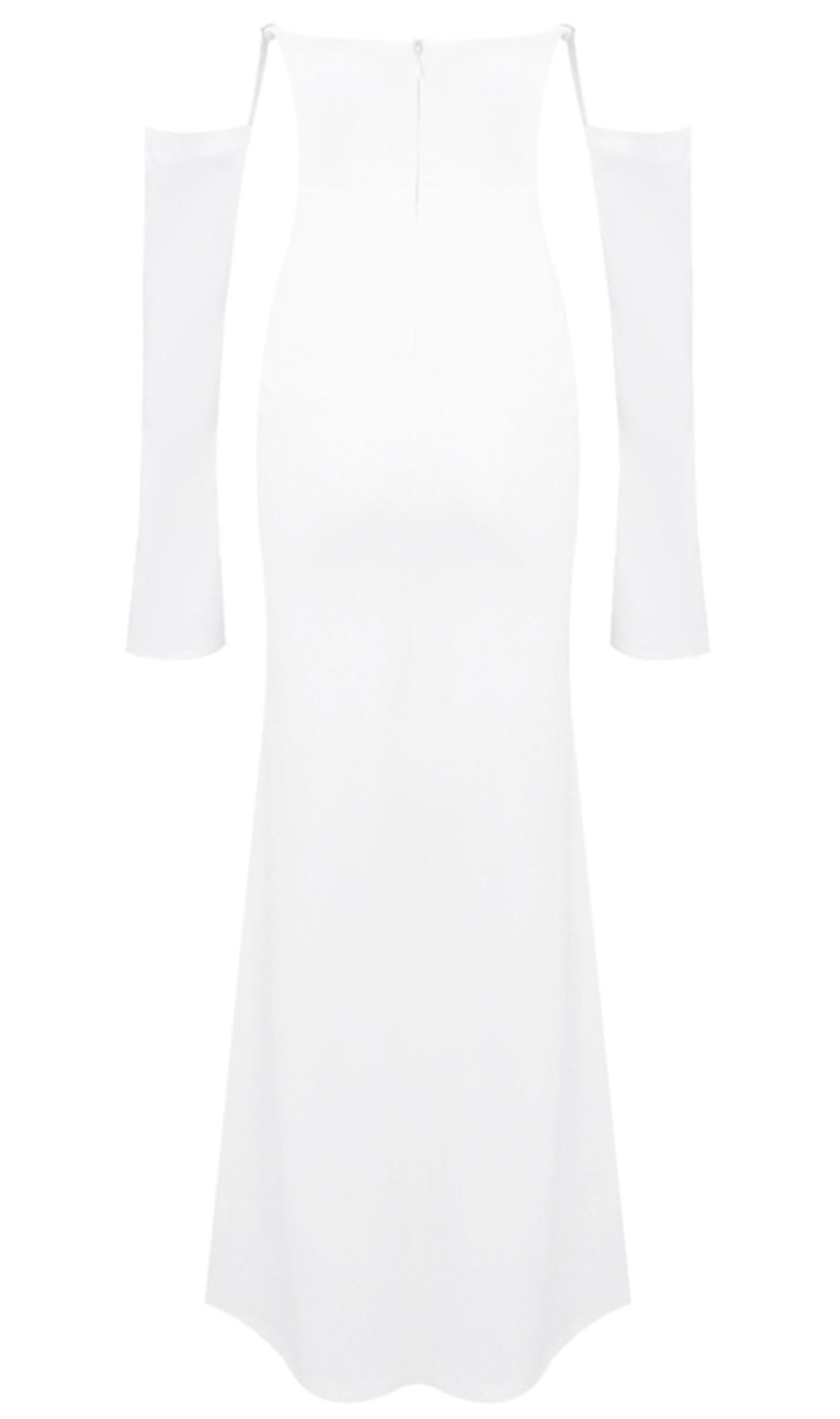 Elegant White Strapless Maxi Dress with Draped Long Sleeves | Chic Evening Gown