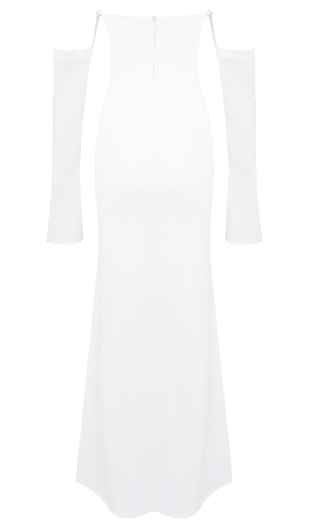 Elegant White Strapless Maxi Dress with Draped Long Sleeves | Chic Evening Gown