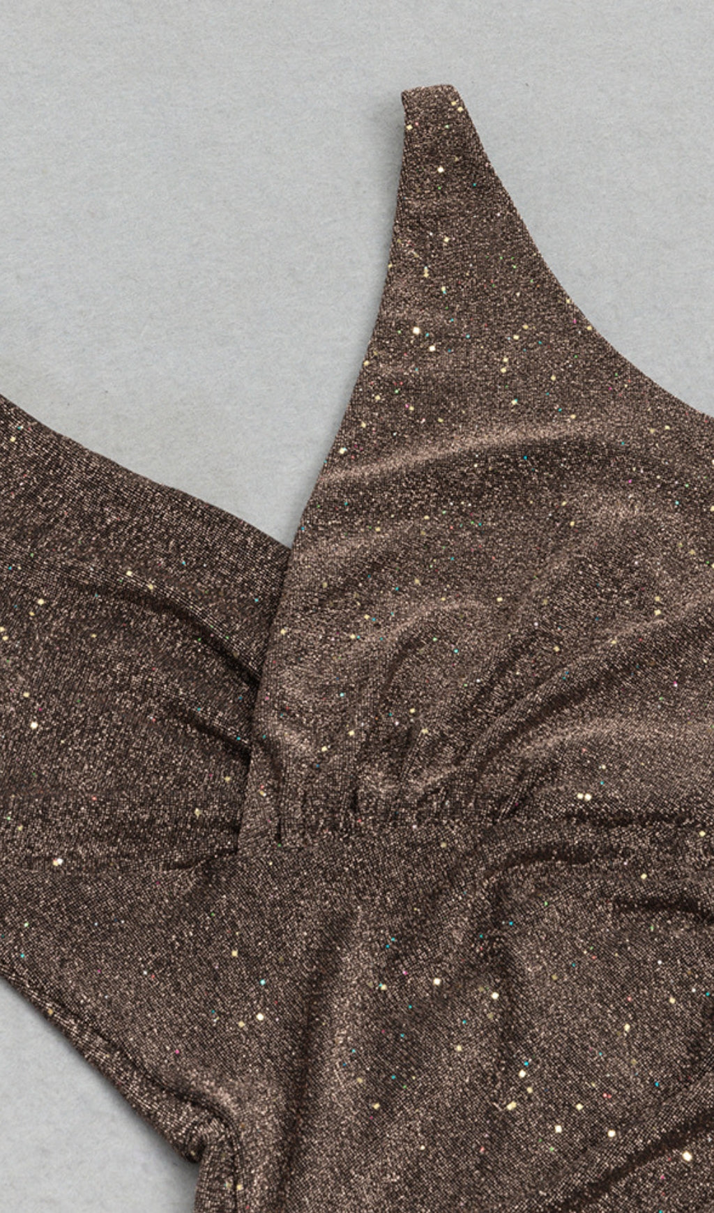 Glitter Ruched Slit Maxi Dress in Bronze