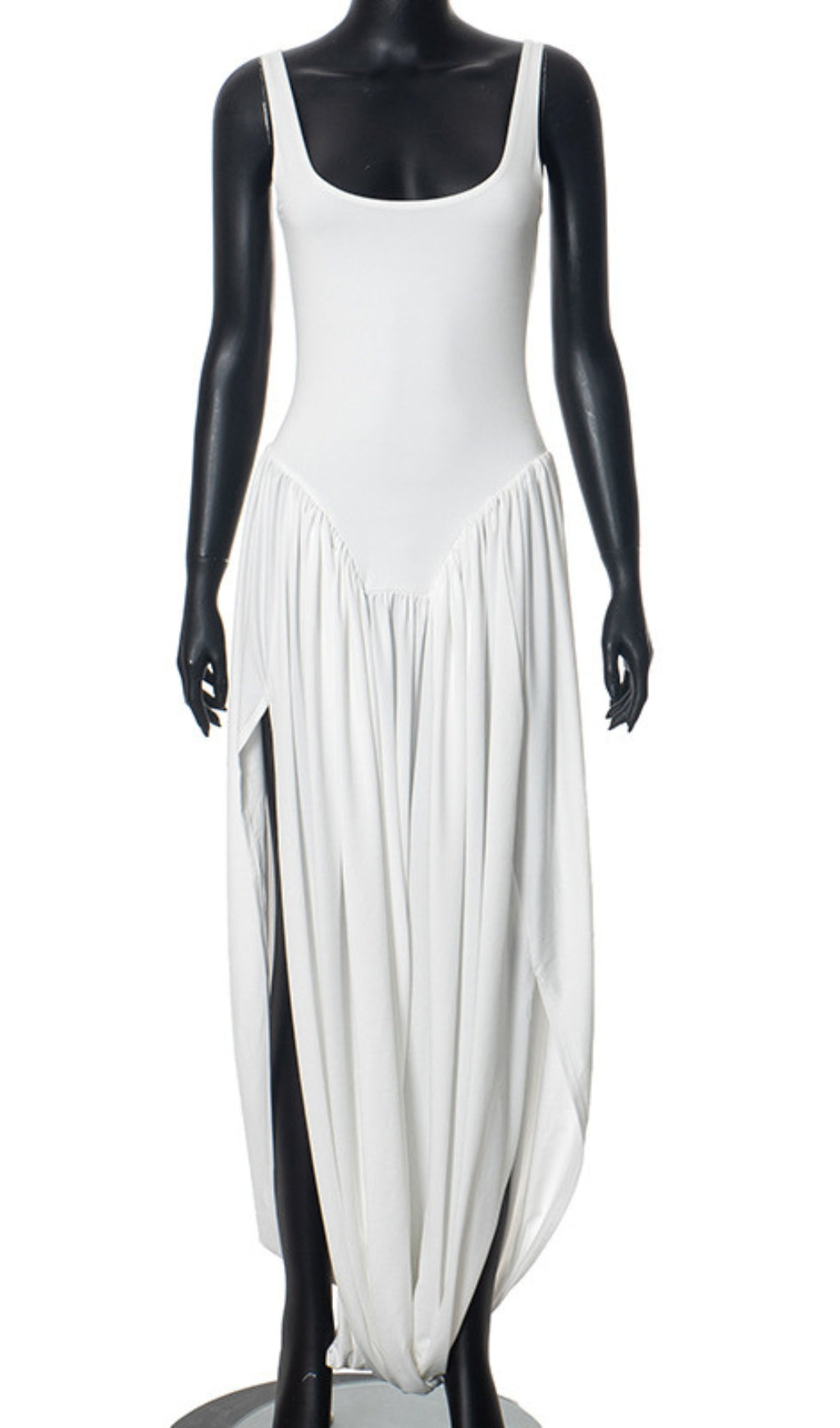 Square Neck Ruched Asymmetric Maxi Dress in White