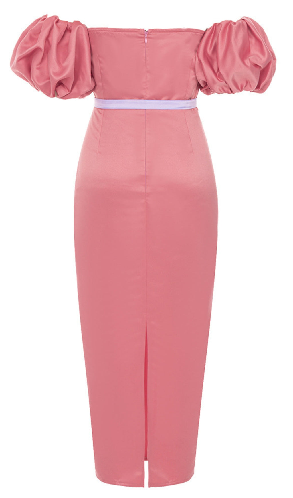 Off - Shoulder Puff - Sleeve Belted Midi Dress in Pink