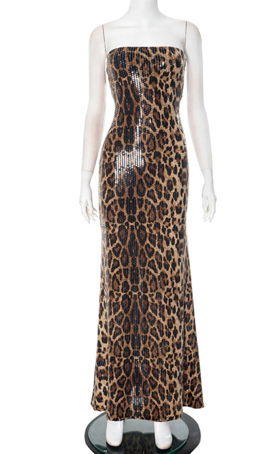 Leopard Print Strapless Sequin Maxi Dress