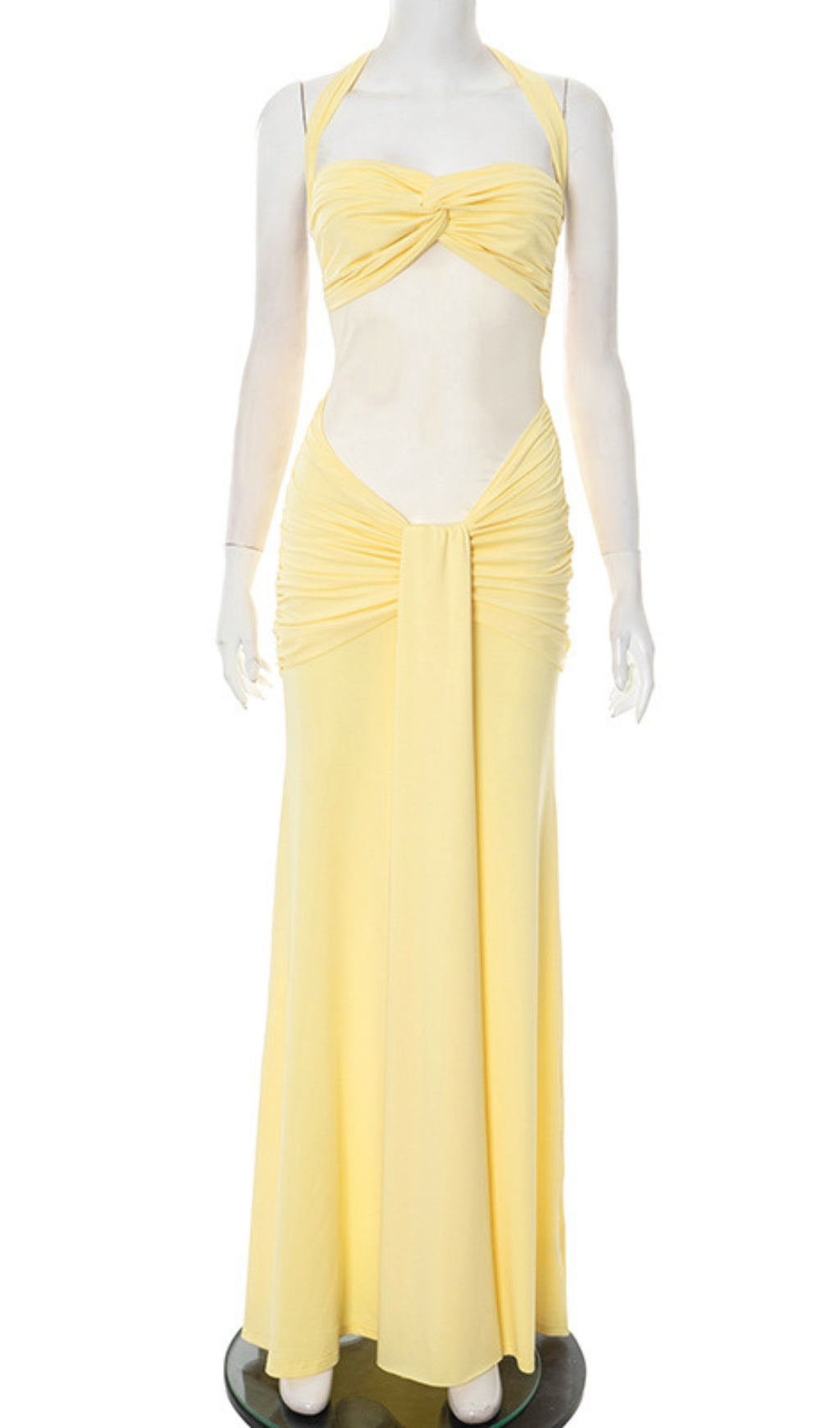 Halter Neck Twist Cutout Ruched Maxi Dress in Yellow